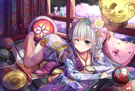 Wallpaper Anime Girls Kimono Japanese Clothes Long Hair Gray Hair