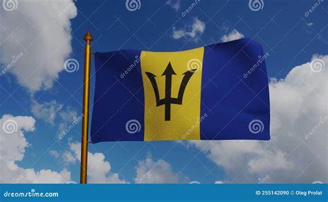 National Flag Of Barbados Waving 3d Render With Flagpole And Blue Sky Timelapse The Broken