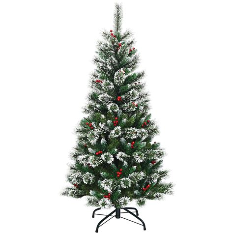 Costway 5 Ft Snow Flocked Artificial Christmas Hinged Tree W Pine Needles And Red Berries