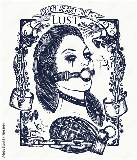 Naklejka Lust Seven Deadly Sins Tattoo And T Shirt Design Sexy Woman Symbol Of Fornication