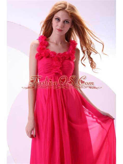 Hot Pink Empire Straps Ankle Length Ruching Chiffon Prom Dress