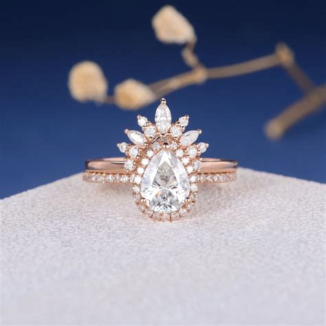 Pear Shaped Moissanite Engagement Ring Set Rose Gold Wedding Etsy