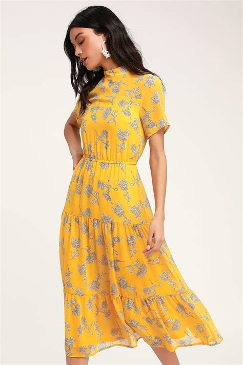 Floral Dressed Up Mustard Yellow Floral Print Midi Dress Yellow Floral Print Dress Midi Short