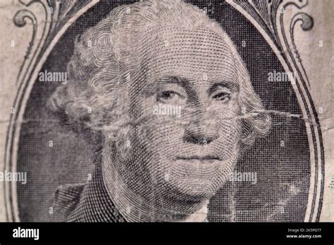 Macro View Of George Washington On Worn Out Dirty Us One Dollar Bill