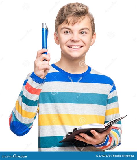 Teen Boy With Pen Writing Something Stock Photo Image Of Childhood