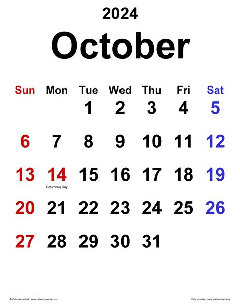 October 2024 Calendar Templates For Word Excel And Pdf