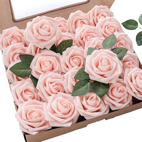 Buy Floroom Artificial Flowers 25pcs Real Looking Blush Fake Roses With Stems For Diy Wedding