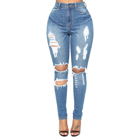 New Ultra Stretchy Blue Tassel Ripped Jeans Woman Denim Pants Trousers