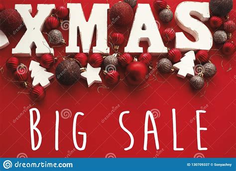 Christmas Big Sale Text And Xmas White Sign On Red Background Fl Stock