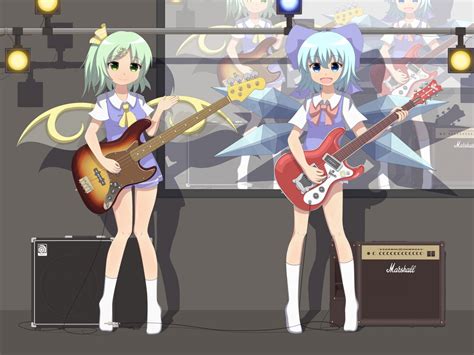 2girls blue eyes blue hair bow cirno daiyousei dress fairy green eyes green hair guitar