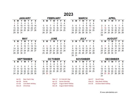 2023 Year At A Glance Calendar With Ireland Holidays Free Printable