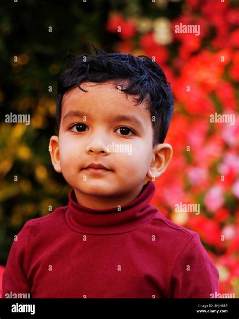 Young Handsome Indian Baby Boy In A Flower Garden Background With Close