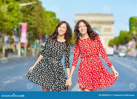 Beautiful Twin Sisters Walkingin Paris Stock Photo Image Of Beautiful