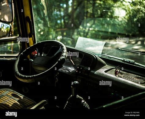 Empty Bus Driver Seat Cabin Interior Close Up Shot Stock Photo Alamy