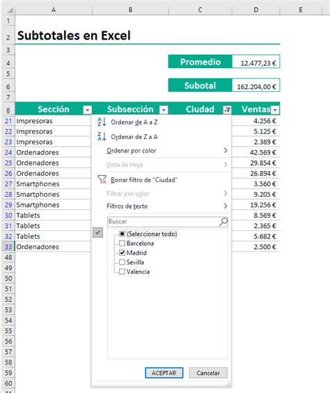 Subtotales en Excel Utiliza el método más optimizado para tus datos