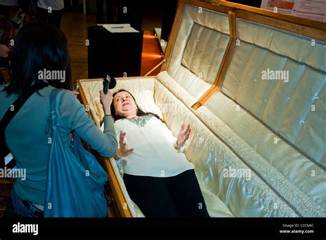 Paris France Woman Being Interviewed While Laying In A Funeral Casket