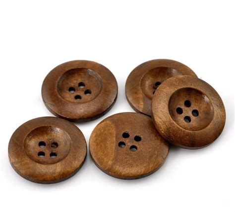 10 Brown Wooden Buttons 25mm 1 Inch 4 Holes Round