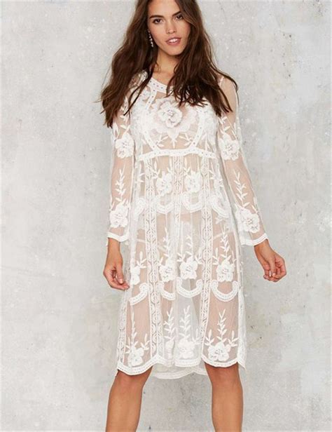 Sexy White Floral Lace Beach Cover Up Long Sleeve Midi Length Beach