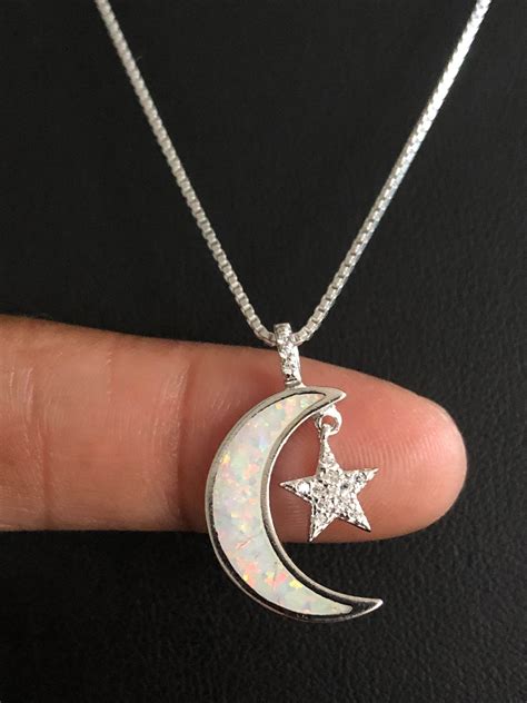 Moon Star Necklace Sterling Silver Moon And Star Pendant White Opal