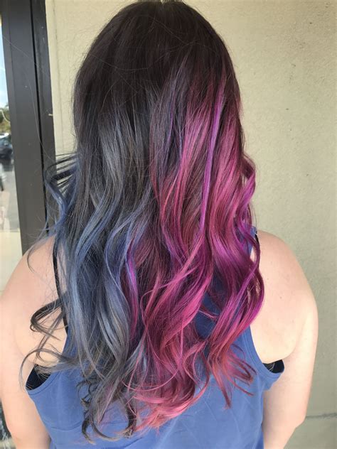 Silvery Blue And Magenta Split Color Dyed Curly Hair Dyed Hair Pastel