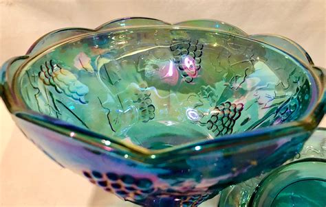 Antique Iridescent Blue Carnival Glass Grapevine Pattern Pedestal Candy