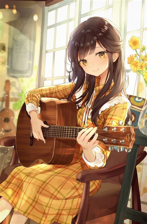 Wallpaper Anime Girl Playing Guitar Instrument Music