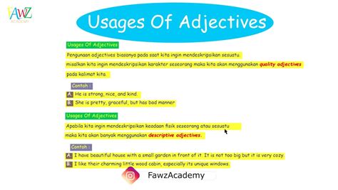 Usages Of Adjectives Penggunaan Kata Sifat Dalam Bahasa Inggris Youtube
