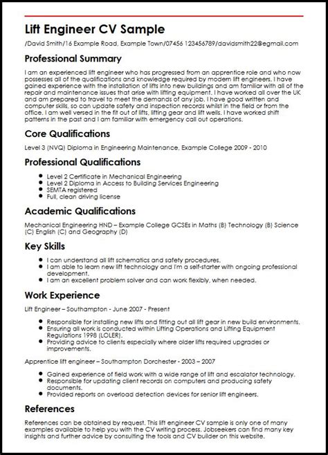 Your working experience and skills plus a cv is a detailed review not only of your whole work experience, but also of academic history, including engineering technician resume template. Lift Engineer CV Example - myPerfectCV