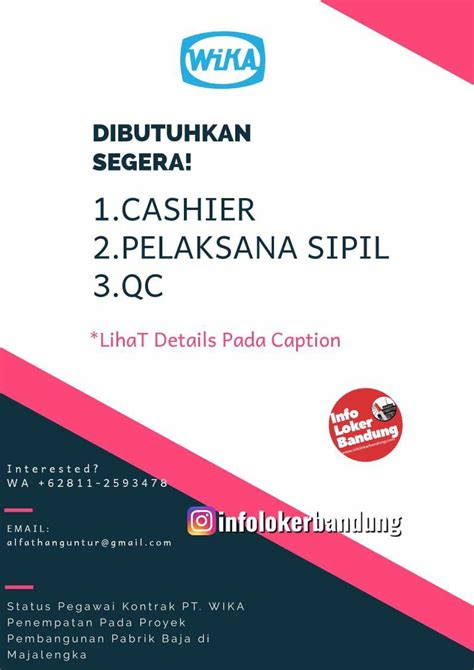 2,75, memiliki kemampuan berbahasa inggris yang baik, memiliki kemampuan komunikasi dan interpersonal yang baik, memiliki pengalaman kerja di bidang sales dan marketing min. Lowongan Kerja PT. Wika Penempatan Majalengka Mei 2019 ...