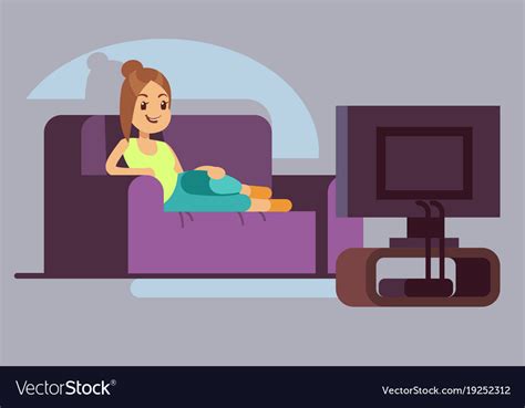 Happy Young Woman Watching Tv And Lying On Sofa Vector Image