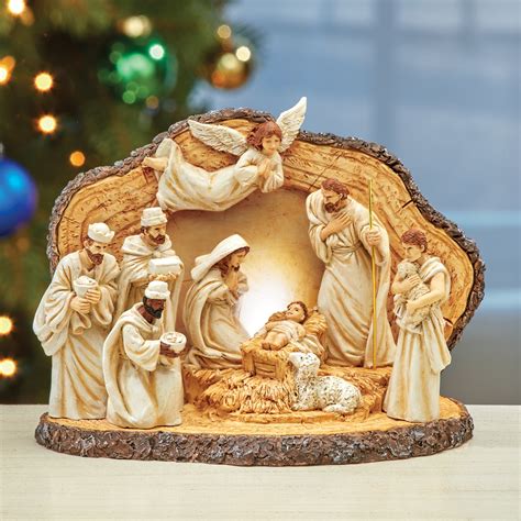 Hand Painted Lighted Rustic Tabletop Nativity Scene Collections Etc