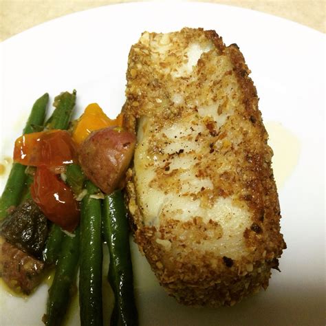 This Was Absolutely Delicious Almond Crusted Chilean Sea Bass With Tomatoes And Asparagus