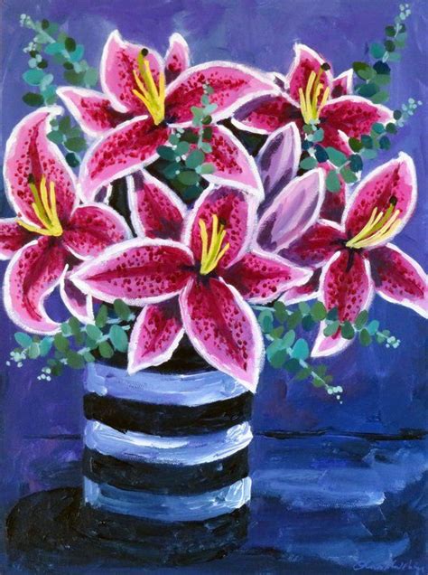 Still Life Stargazer Lilies Original Floral Canvas Painting 12 X