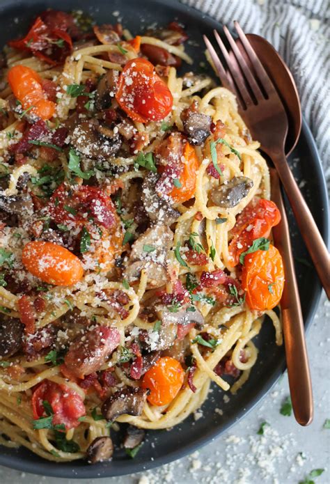 While carbonara purists may scoff, i challenge sceptics to give this a chance. Mushroom and Garlic Roasted Tomato Spaghetti Carbonara