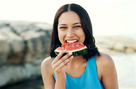 Fresh Juicy Watermelon Is One Of The Best Fruits A Young Woman Eating
