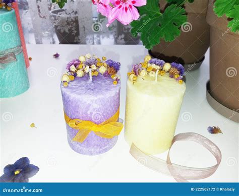 Handmade Flower Soy Candles With Herbs And Crystals Stock Photo Image