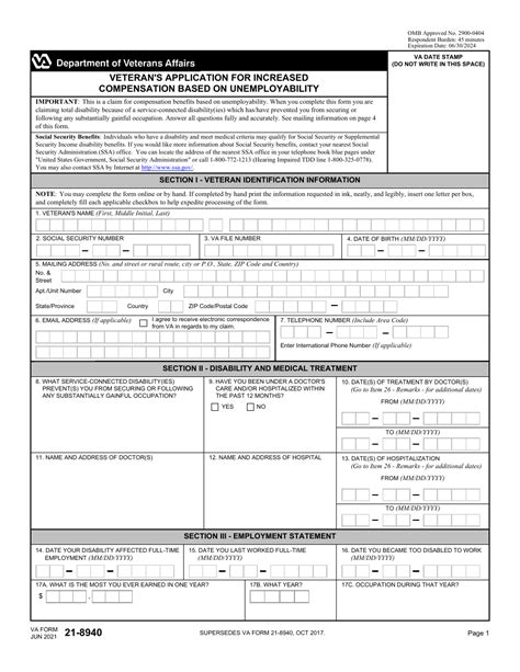 Va Form 21 8940 Download Fillable Pdf Or Fill Online Veterans