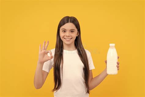Happy Child Hold Dairy Beverage Product Teen Girl Going To Drink Milk