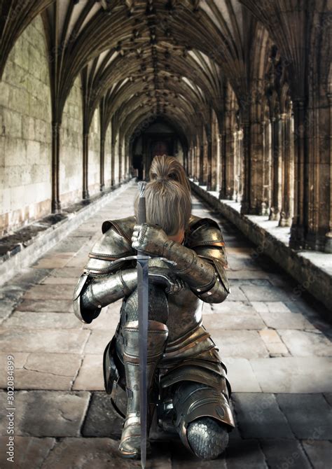 Female Warrior Knight Kneeling Proudly Wearing Decorative Metal Armor