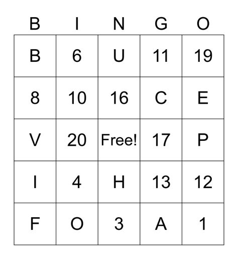 French Alphabet Numbers 1 20 Bingo Card