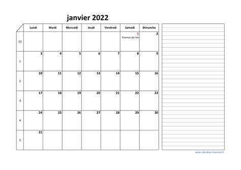 Calendrier Janvier 2022 à Imprimer