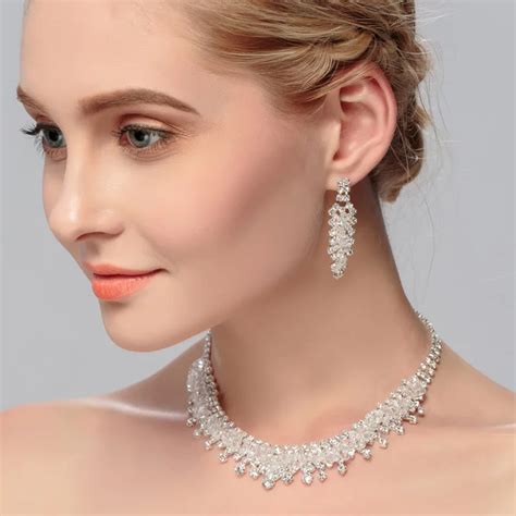 Elegant Bridal Jewelry Sets Silver Simple Necklace Earrings Sets Wedding Bridesmaid Jewelry