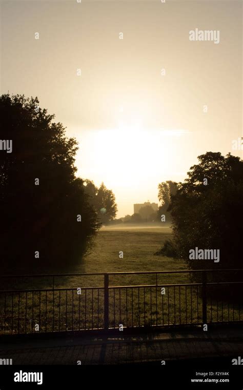 Early Morning Sunrise Over A Field With Trees The Sun Is Casting A