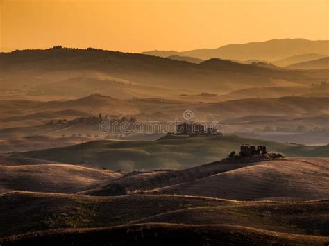Tuscany Sunrise Over Farms In The Hills Stock Photo Image Of