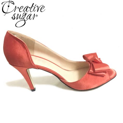 Creativesugar Handmade Coral Red Satin Dress Shoes Open Peep Toe D