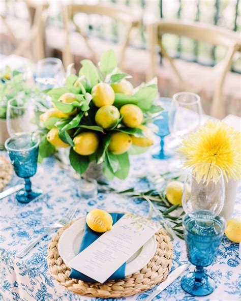 Italian Lemon And Blue Centerpiece For Dinner Party Lemon Themed