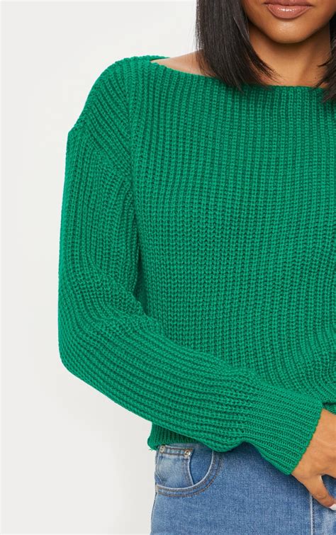 Emerald Green Slash Neck Crop Sweater Prettylittlething Usa