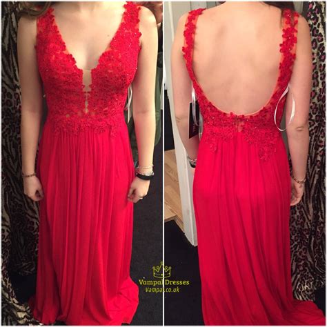 Red V Neck Sleeveless Lace Top Open Back Chiffon Long Evening Dress