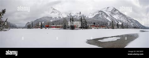 Panorama Of The Village Of Field British Columbia With A Passing Train