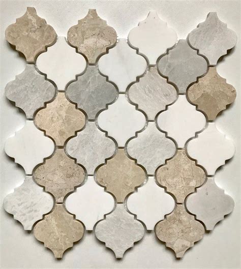 Arabesque 12 X 12 Marble Mosaic Tile In White Cream Gray Kitchen